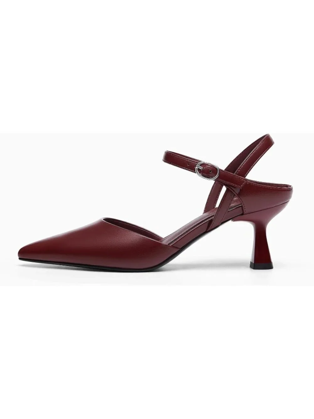 Women's Burgundy Kitten Heels Closed Pointed Toe Pumps Adjustable Strap Shoes